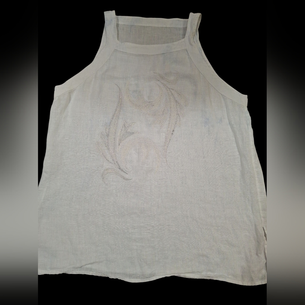 White Sleeveless Linen Tank Top with a white & gray embroidered design. No tags